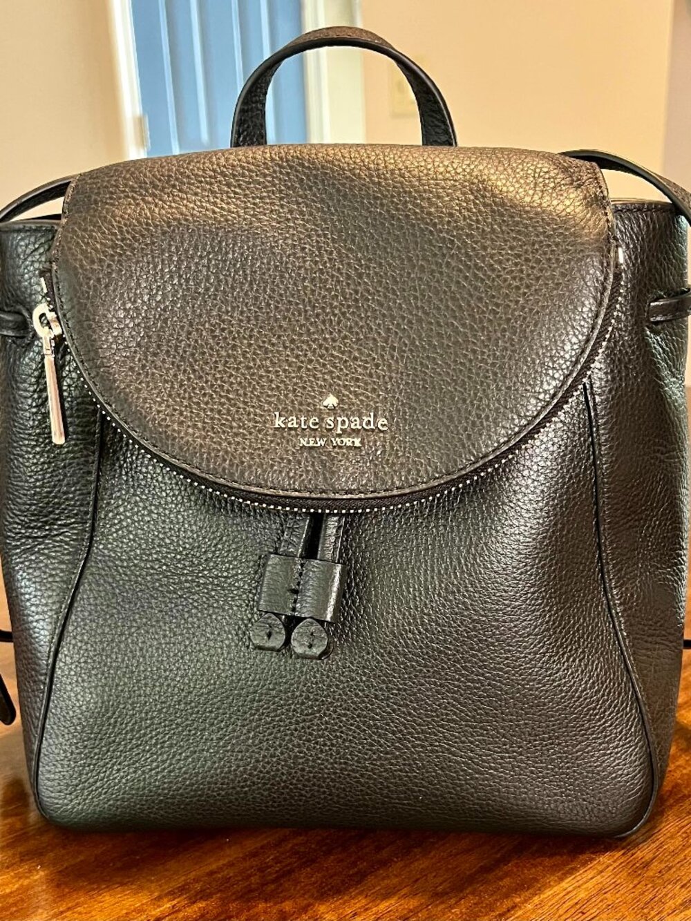 Kate Spade New York Leila Medium Flap Backpack in Pebbled Black Leather